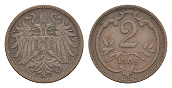 Австрия 2 геллера 1908 Франц Иосиф I (1848-1916) KM 2801 бронза 4639-1024