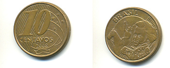 БРАЗИЛИЯ 10 СЕНТАВО 2008 KM 649.3 сталь плакированная латунью 176-727