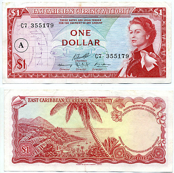 Восточно-Карибские штаты 1 доллар 1965 Британская администрация, подпись 10, серия С7, В КРУГЕ буква "А" (АНТИГУА И БАРБУДА) Pick 13h бумага VF-XF 2197-29-2-1