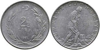 ТУРЦИЯ 2 1/2 ЛИРЫ 1964 KM 893.1 нержавеющая сталь 29-1042