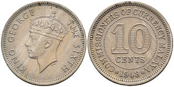 Британская Малайя 10 центов 1948 Георг VI (1937-1952) KM 8 медно-никель 4588-1023