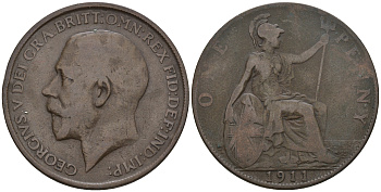 Великобритания 1 пенни 1911 Георг V (1910-1936) KM 810, Spink 4051 бронза 4607-1145
