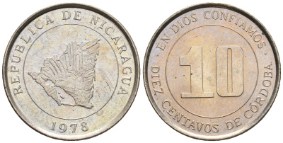 Никарагуа 10 сентаво 1978 карта страны KM 31 медно-никель  UNC  220-1231