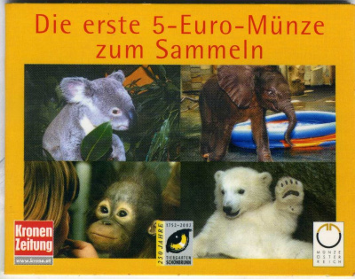 Австрия 5 евро 2002 250 лет Шенбруннскому зоопарку, в оригинальном буклете, орангутан KM 3091 серебро  UNC  7-5-6-41