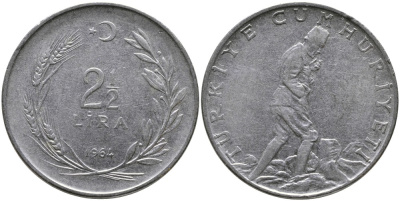 ТУРЦИЯ 2 1/2 ЛИРЫ 1964 KM 893.1 нержавеющая сталь 29-1042