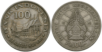 Индонезия 100 рупий 1978 хижина Минангкабау, легендарное дерево жизни KM 42 медно-никель 4137-334