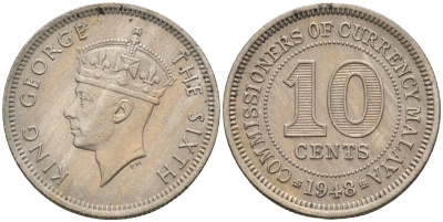 Британская Малайя 10 центов 1948 Георг VI (1937-1952) KM 8 медно-никель 4588-1023