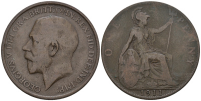Великобритания 1 пенни 1911 Георг V (1910-1936) KM 810, Spink 4051 бронза 4607-1145