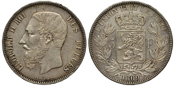 Бельгия 5 франков 1869 Леопольд II (1865-1909) KM 24 серебро    1530-935