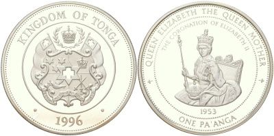 Тонга 1 паанга 1996 Коронация Королевы Елизаветы II - 1953 KM 177 серебро PROOF 11-087-31