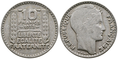 Франция 10 франков 1933 Пьер Тюрен KM 878, Le Franc 360.6 серебро 61-657