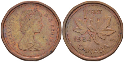 КАНАДА 1 ЦЕНТ 1984 КЛЕНОВЫЙ ЛИСТ, ЕЛИЗАВЕТА II KM 132 бронза 54-1065