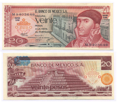 МЕКСИКА 20 ПЕСО 1977 Pick 64d бумага UNC (ПРЕСС) 8564-29-3-2