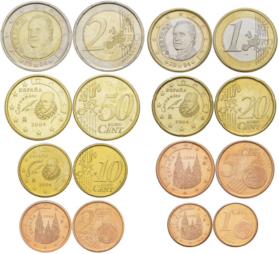 Испания полный евронабор из 8 монет 2004 1, 2, 5, 10, 20, 50 евроцентов, 1 и 2 евро KM 1040, 1041, 1042, 1070, 1071, 1072, 1073, 1074 N6-06