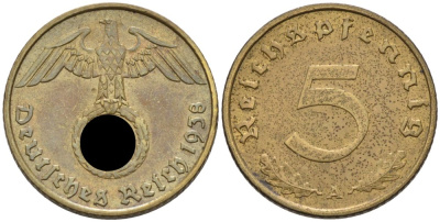 Германия 5 рейхспфеннигов 1938 A KM 91, J. 363 алюминиевая бронза 4567-1042