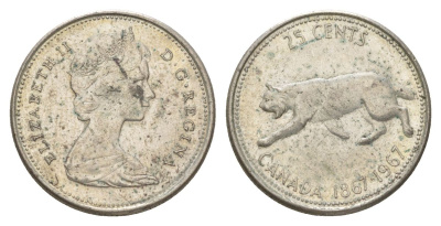 Канада 25 центов 1967 пума, 100 лет Конфедерации Канада, Ссеребро 0.800, вес 5,83 гр, диаметр 23,88 мм KM 67 серебро 4622-912