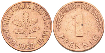 ФРГ 1 ПФЕННИГ 1950 G KM 105, J.380 сталь плакированная медью 206-1128