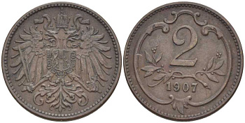 АВСТРИЯ 2 ГЕЛЛЕРА 1907 ФРАНЦ ИОСИФ (1846-1918) KM 2801 бронза 201-958