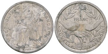 Французская Новая Каледония 1 франк 2003 птица кагу, (IEOM) KM 10, Schoen 10, Lec 52h алюминий 46-1423