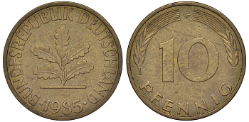 ФРГ 10 пфеннигов 1985 G KM 108, J 383 сталь плакированная латунью 25-1756
