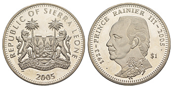 Сьерра-Леоне 1 доллар 2005 Смерть Принца Ренье III KM 345 медно-никель BU 00-1067-3-41
