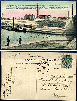 Франция carte postale - открытое письмо 1908 вид с железнодорожного моста на один из доков бассейна Ришелье, с маркой в 5 сантимов 2193-82