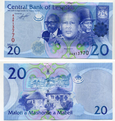 Лесото 20 малоти 2010 короли Летсие III, Мошвешве I, Мошвешве II, хижины Басото Pick 22 бумага UNC (пресс) 448-132-3