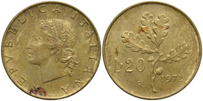 Италия 20 лир 1972 R, дубовая ветвь KM 97.2 алюминиевая бронза 4171-857