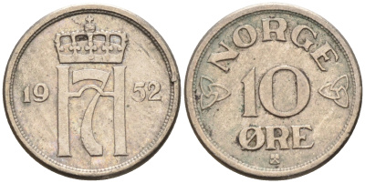 Норвегия 10 эре 1952  KM 396 медно-никель    4115-355