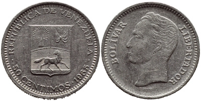 Венесуэла 50 сентимо 1965 Симон Боливар KM 41, Schon 51 никель 4392-1318