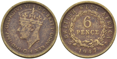 Британская Западная Африка 6 пенсов 1947 Георг VI (1936-1952) KM 22 никель-латунь 4588-716