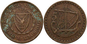 Кипр 5 милей 1973 Елизавета II (1953-) KM 39 бронза 4159-741