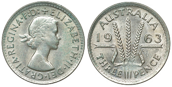 Австралия 3 пенса 1963 m, Елизавета II (1952-2022) KM 57 серебро 71-922