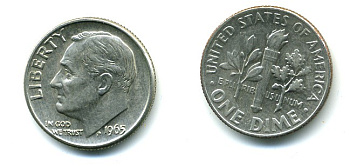 США 10 ЦЕНТОВ = 1 ДАЙМ 1965 РУЗВЕЛЬТ KM 195а медь плакированная медно-никелем 54-265