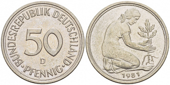 ФРГ 50 ПФЕННИГОВ 1981 D KM 109.2 J 384a медно-никель 3996-1014
