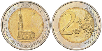 ФРГ 2 евро 2008 G, серия федеральные земли, церковь Св. Михаила в Гамбурге KM 261 биметалл 60-315