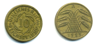 ГЕРМАНИЯ 10 РЕЙХСПФЕННИГОВ 1929 А, KM 40, J. 317 алюминиевая бронза 46-1431