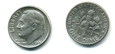 США 10 ЦЕНТОВ = 1 ДАЙМ 1965 РУЗВЕЛЬТ KM 195а медь плакированная медно-никелем 54-265
