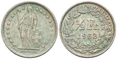 Швейцария 1/2 франка 1962 В KM 23 серебро 4576-934