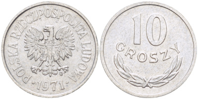 ПОЛЬША 10 ГРОШЕЙ 1971 MW KM AA47, Parchimowicz 206j алюминий XF 4181-1128