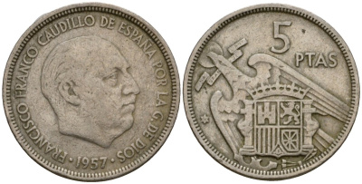 Испания 5 песет 1957 Франсиско Франко (1939-1975) KM 786 медно-никель 186-255
