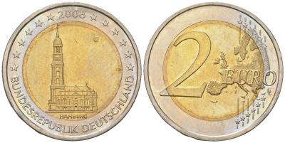 ФРГ 2 евро 2008 G, серия федеральные земли, церковь Св. Михаила в Гамбурге KM 261 биметалл 60-315