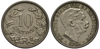 ЛЮКСЕМБУРГ 10 САНТИМОВ 1901 ВЕЛИКИЙ ГЕРЦОГ АДОЛЬФ (1890-1905) КМ 25 медно-никель 4538-713