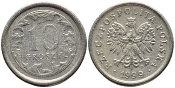 Польша 10 грошей 1999 MW KM 279 медно-никель 4383-418
