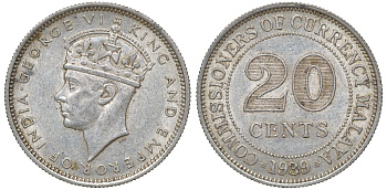 Британская Малайя 20 центов 1939 Георг VI (1937-1952) KM 5 серебро 53-416