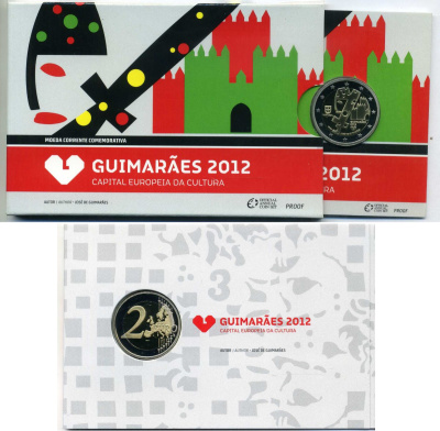 Португалия 2 евро 2012 Гимарайнш - европейская культурная столица, запайка, картонный буклет KM 813 биметалл PROOF 3-4-8-60