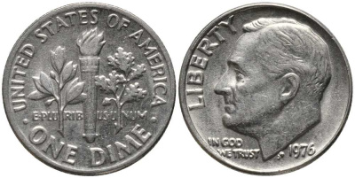 США 10 ЦЕНТОВ = 1 ДАЙМ 1976 РУЗВЕЛЬТ KM 195а медь плакированная медно-никелем 112-643