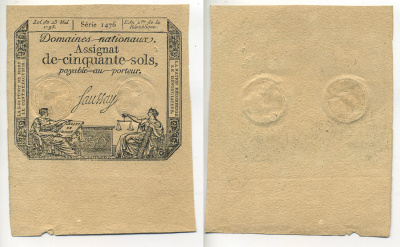 ФРАНЦИЯ 50 СУ 1793 23 МАЯ 1793, ВОДЯНОЙ ЗНАК RF/50s, СЕРИЯ 1476, ЖЕЛТАЯ БУМАГА Pick А70b бумага UNC (ПРЕСС) 7552-24-1