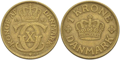 ДАНИЯ 1 КРОНА 1940 N; GJ, КРИСТИАН X (1912-1947) KM 824.2 алюминиевая бронза 38-426