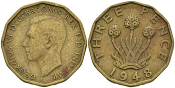 Великобритания 3 пенса 1948 Георг VI (1936-1952) KM 849, Spink 4112 никель латунь 4146-332